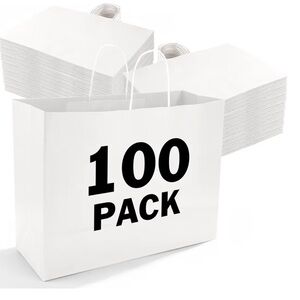 100Pcs 16x6x12 Inches White Large Paper Bags with Handles